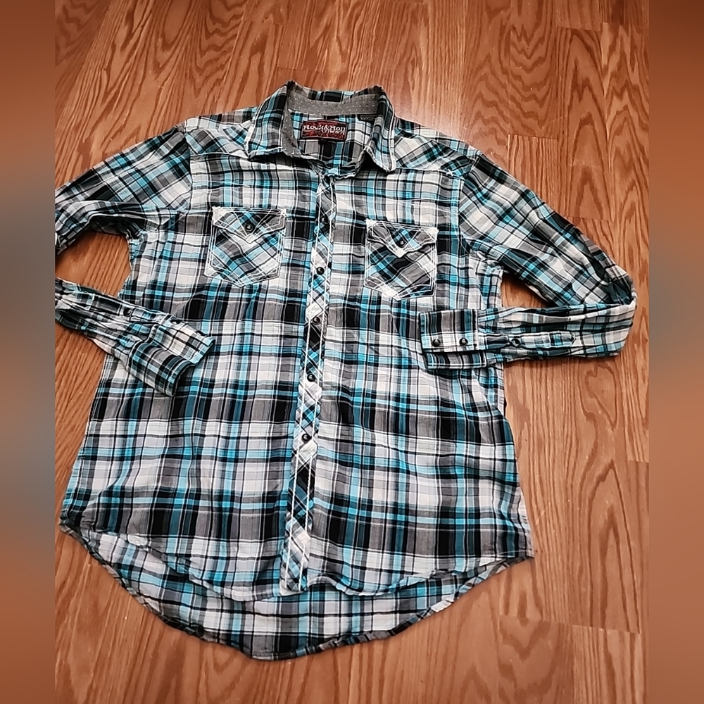 Rock And Roll Cowboy Blue and Black Casual Snap Down Shirt Size Lg